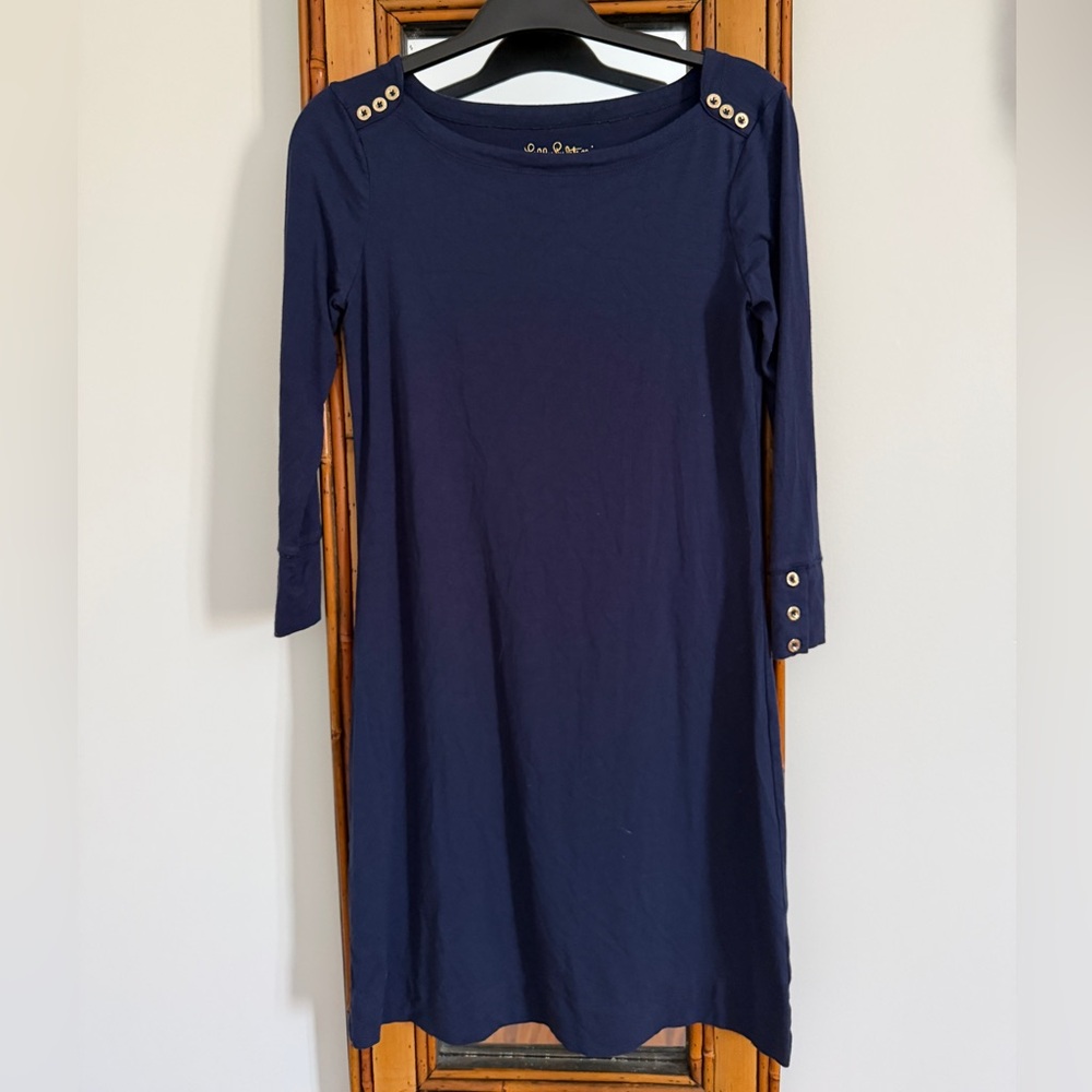 Lilly Pulitzer navy knit jersey dress with gold buttons like new size XS
